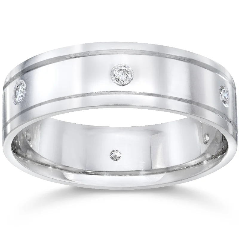 Stackable rings with mixed metal finishes -Mens 14K White Gold Polished Diamond Wedding Band Ring