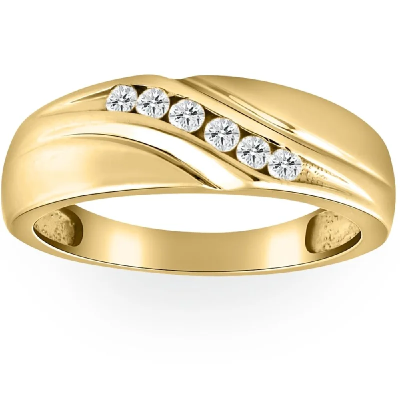 Rings with rough sapphire for rugged chic -Mens 14K Yellow Gold 1/4ct Diamond Wedding Ring Band