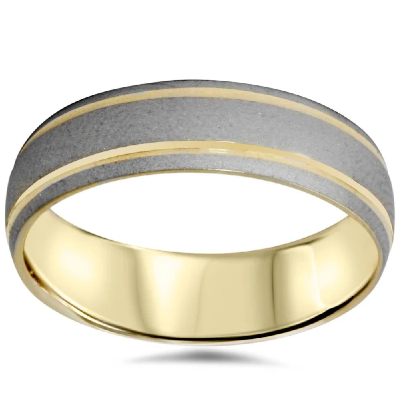 Stackable rings with mixed metal finishes -Mens 6mm 14K Gold Two Tone Brushed Wedding Band