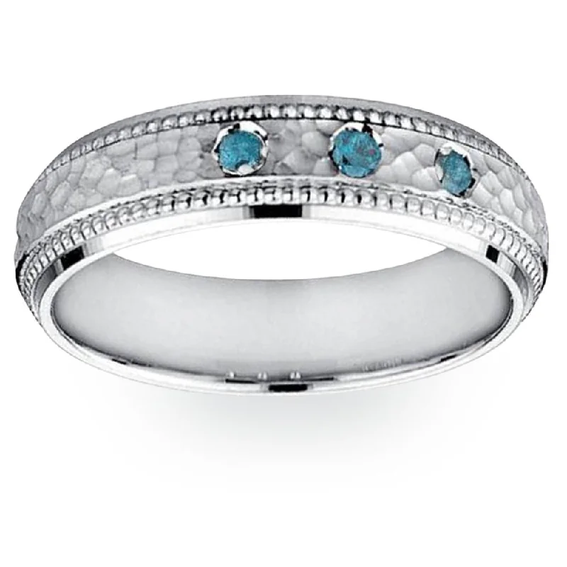 Platinum rings with sparkling sapphire center stones -Mens Blue Diamond Hammered 10K White Gold Wedding Band