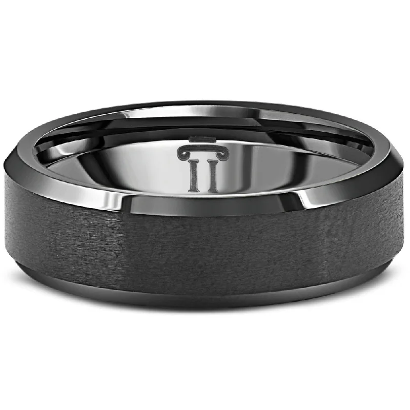 Rings with hematite for sleek metallic sheen -Men's Brushed Black Tungsten 6mm Beveled Ring Wedding Band