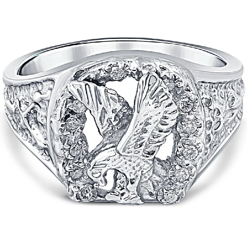 Rings with agate slices for earthy style -Mens Diamond American Eagle Ring 10K White Gold