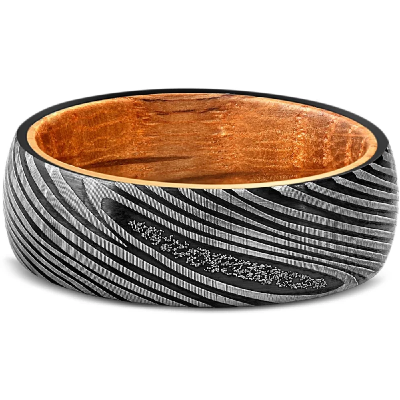 Dainty rings with subtle engraved star motifs -Men's Tungsten & Whiskey Barrell 8mm Ring Damascus Pattern Wedding Band