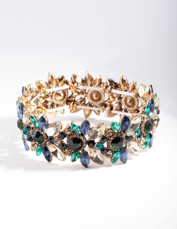 Best bangle bracelets with crystal accents for added sparkle and glamour-Blue Gold Multi Diamante Bangle