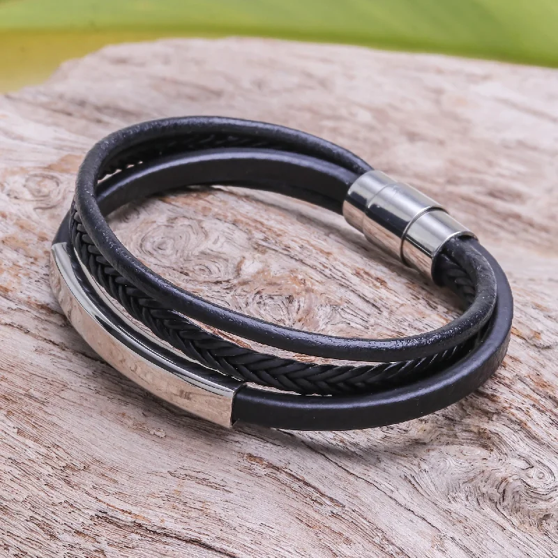 Adjustable bangle bracelets with toggle clasps for easy, secure wearing-Mighty Strength in Black Leather Strand Bracelet in Black from Thailand