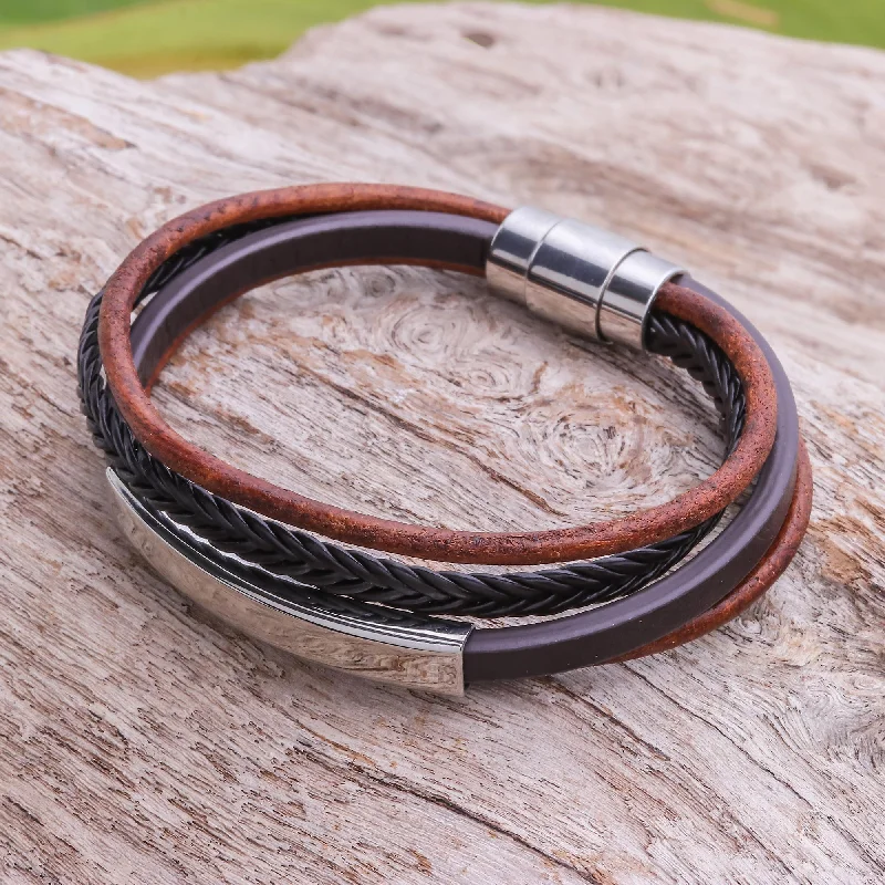 Bangle bracelets with polished marble inlays for a chic and trendy appearance-Mighty Strength in Brown Leather Strand Bracelet in Brown from Thailand