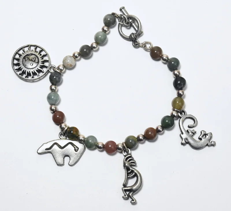 Bangle bracelets with hand-painted designs for an artistic and colorful look-Moss Agate, Jade, Jaspers and More Beaded Bracelet with Southwestern Design Charms