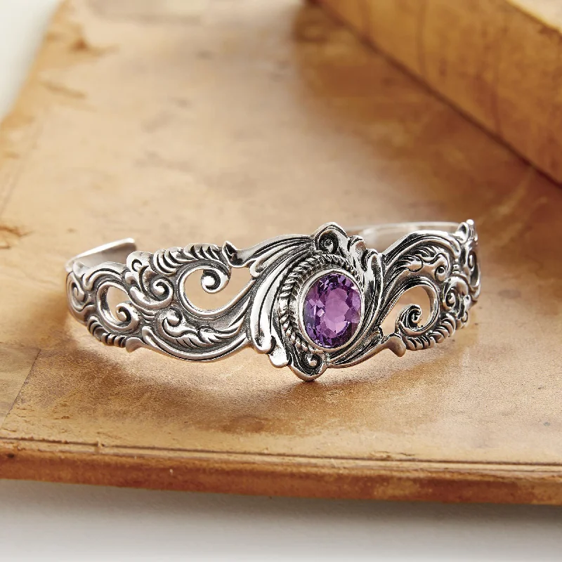 Best bangle bracelets with sapphire stones for an elegant and rich pop of color-Amethyst & Silver Floral Paisley Cuff Bracelet