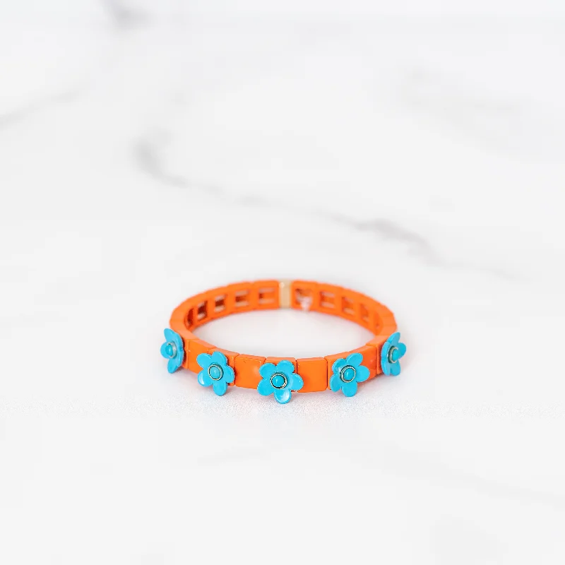 Customizable bangle bracelets with initials for a personalized, meaningful gift-Orange and Blue Daisy Tile Bracelet