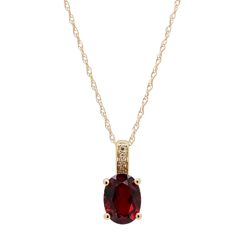 Simple necklaces and pendants with bar pendants for a sleek modern design-Oval Garnet Necklace in 14kt Yellow Gold with Diamonds (.02ct tw)