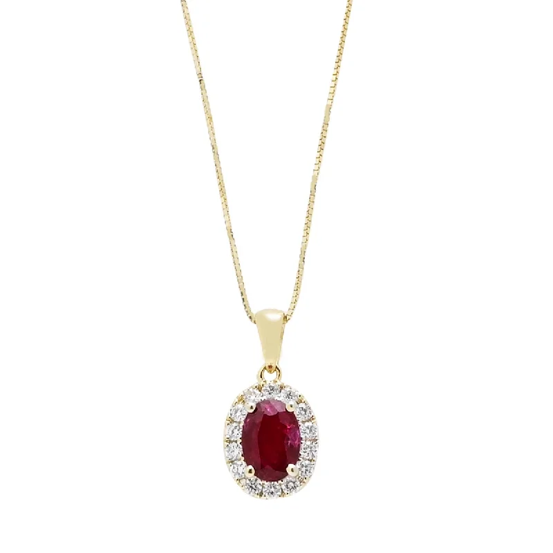 Elegant necklaces and pendants with onyx stones for a sleek, polished look-Oval Ruby Necklace in 14kt Yellow Gold with Diamonds (1/4ct tw)