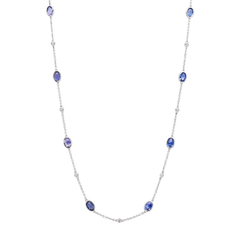 Necklaces and pendants with love knot designs for a romantic, meaningful symbol-Oval Sapphire Bezel Station Necklace in 14kt White Gold with Diamonds (1/4ct tw)