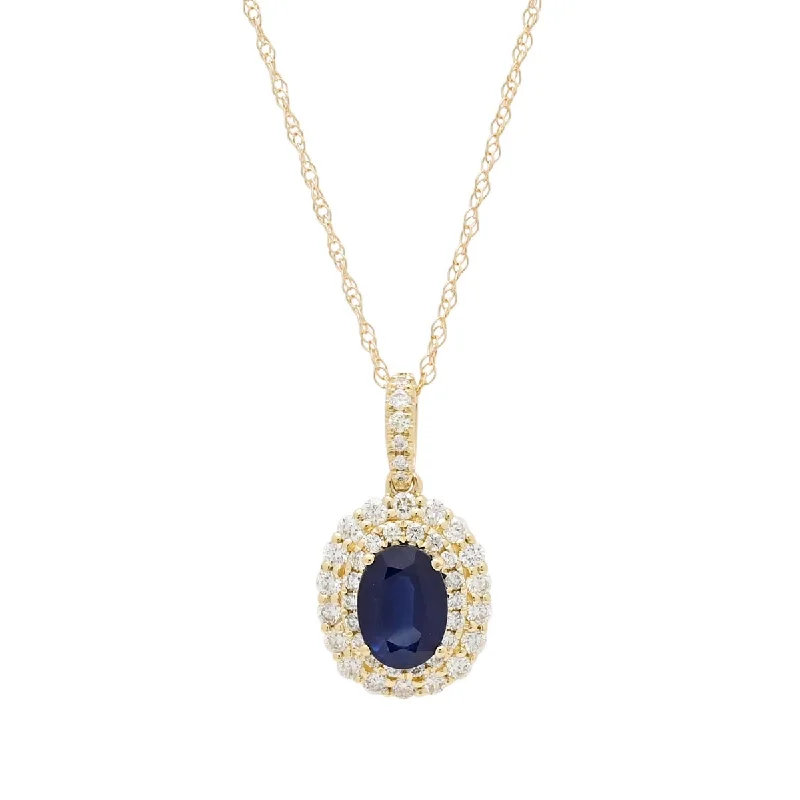 Necklaces and pendants with lock and key designs for a symbolic gesture-Oval Sapphire Necklace in 14kt Yellow Gold with Diamonds (3/8ct tw)