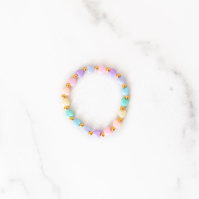 Sleek bangle bracelets with modern metallic finishes for a polished, chic design-Pastel Rainbow Heart Gold Beaded Bracelet