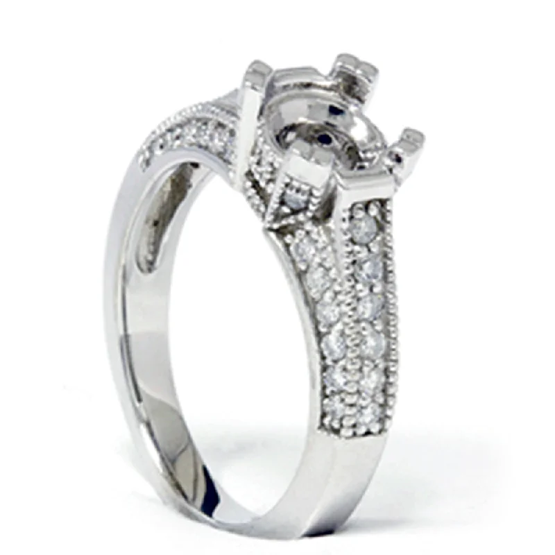 Rings with double bands for modern twist -Pave Diamond Engagement Semi Mount Ring 14K White Gold Setting