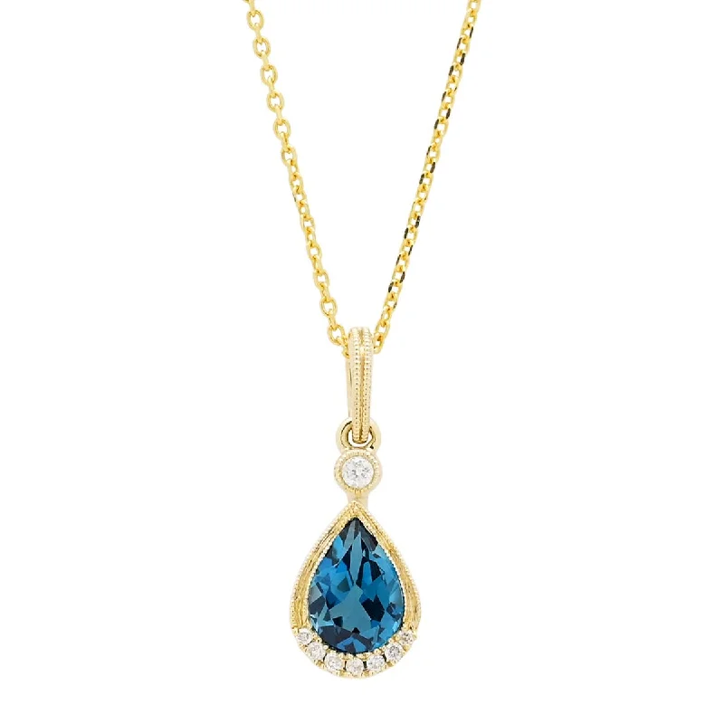 Necklaces and pendants with feather designs for a boho-chic, carefree vibe-Pear Shape London Blue Topaz Necklace in 14kt Yellow Gold with Diamonds