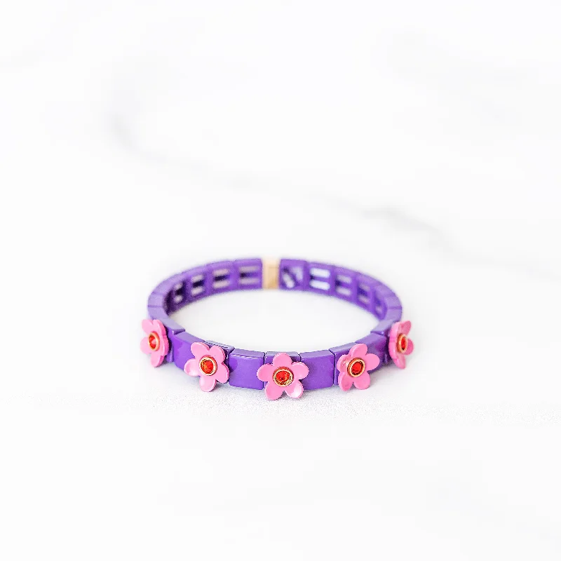 Art deco bangle bracelets with bold lines and shapes for a vintage-inspired flair-Pink and Purple Daisy Tile Bracelet