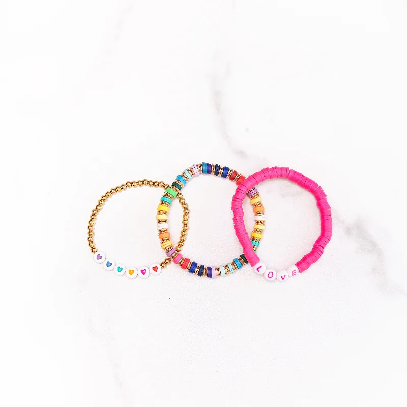 Best bangle bracelets with solid gold for an elegant and luxurious design-Rainbow + Hearts + LOVE Bracelet Set