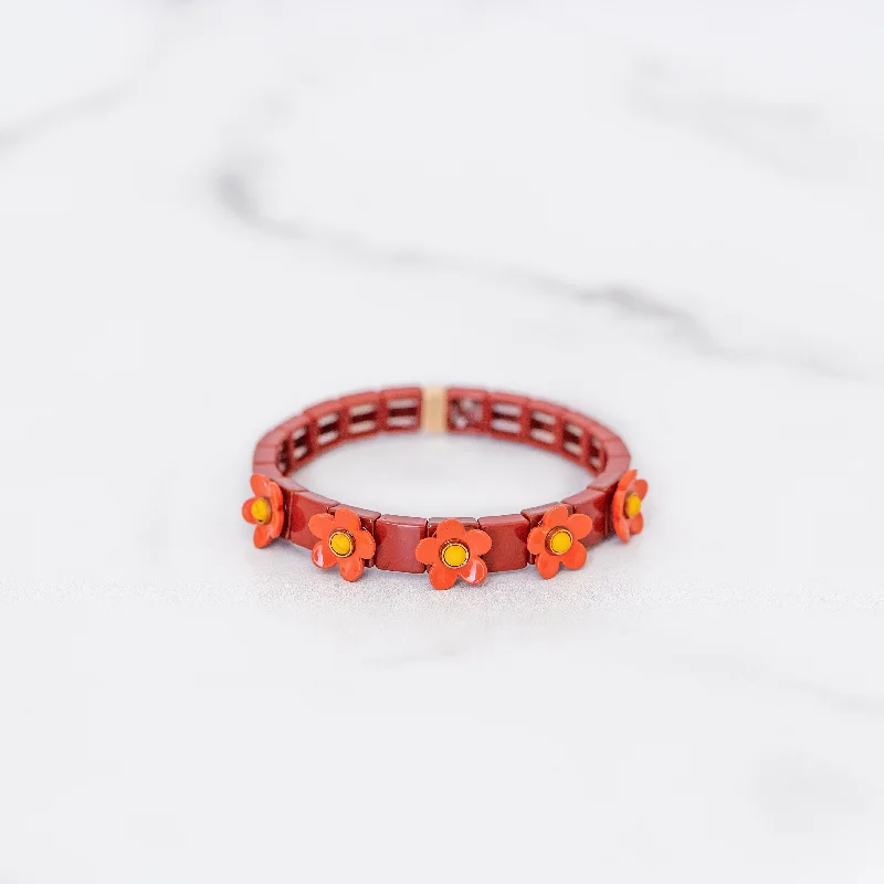 Bangle bracelets with enamel inlay designs for a colorful and eye-catching appearance-Red and Orange Daisy Tile Bracelet