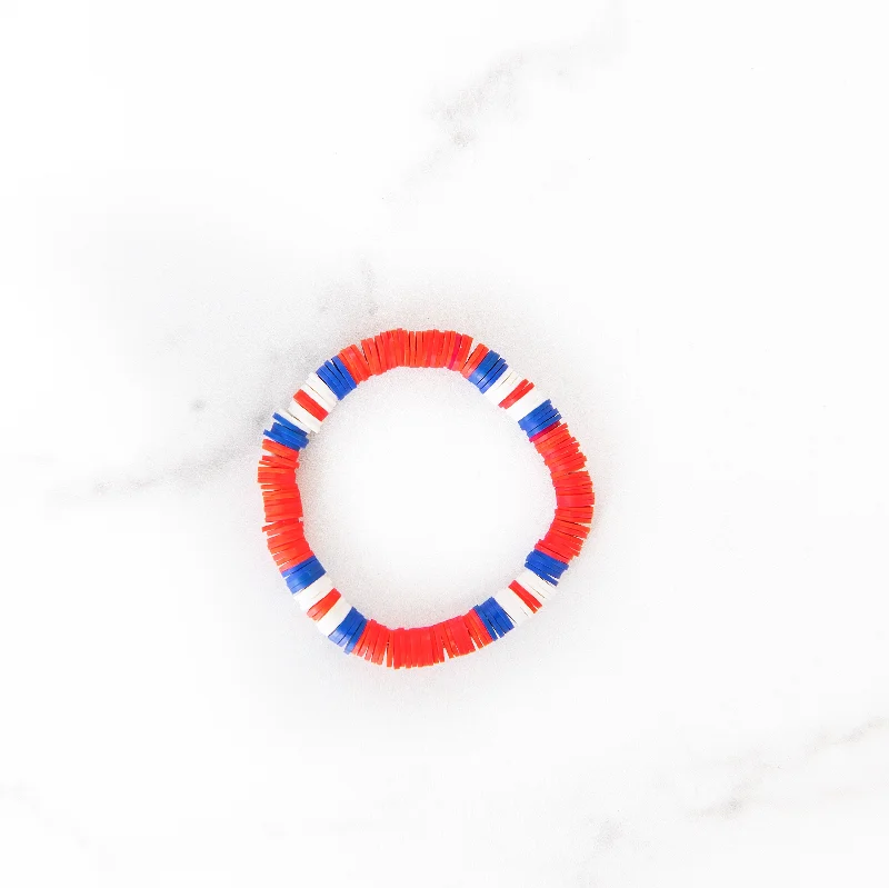 Bangle bracelets with hand-painted designs for an artistic and colorful look-Red + Blue and White Polymer Clay Bracelet