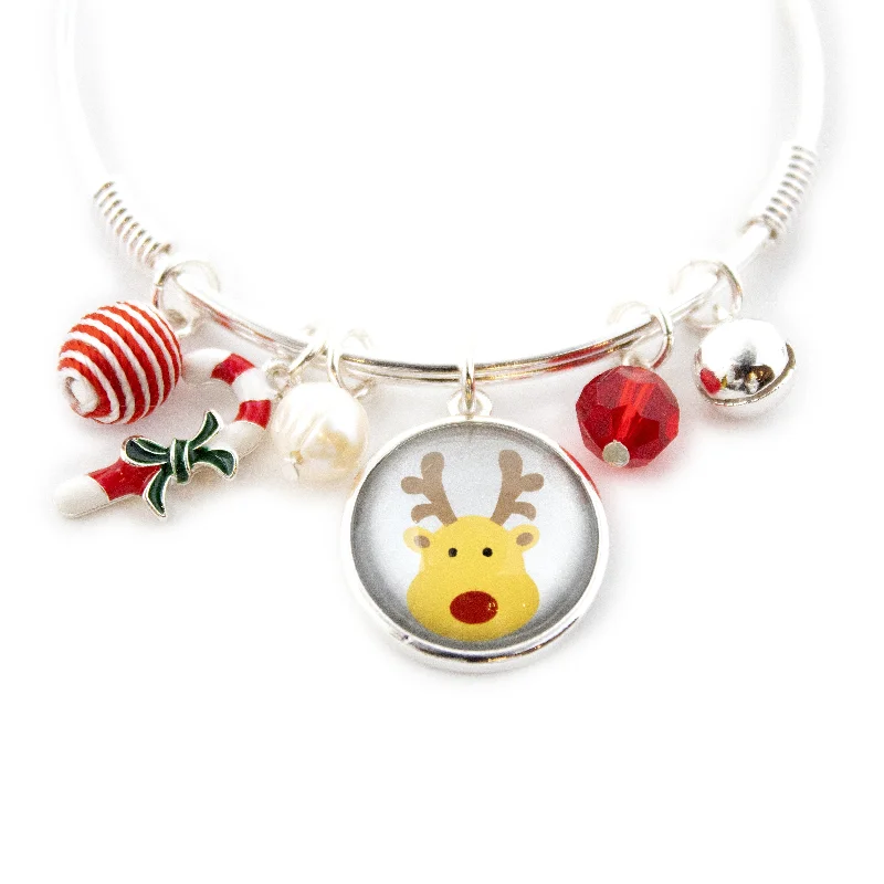 Bold bangle bracelets with mixed materials like wood, metal, and fabric-Red Reindeer Charm Bangle Silver Tone