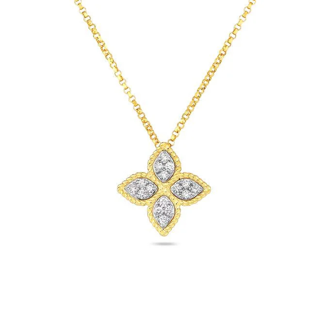 Beautiful necklaces and pendants with layered chains for a fashionable, chic look-Roberto Coin Princess Flower 18K Yellow Gold and Diamond Medium Pendant Necklace