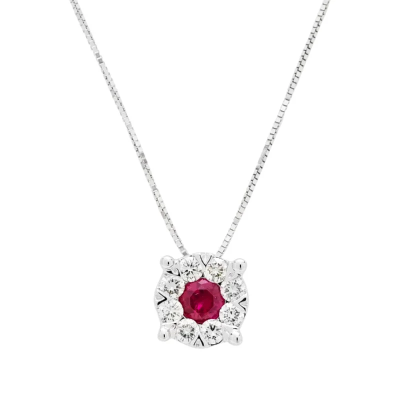 Stunning necklaces and pendants with birthstone pendants for a personal touch-Ruby Halo Necklace in 14kt White Gold with Diamonds (1/3ct tw)