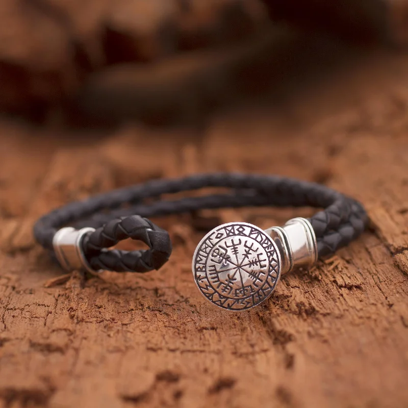 Best bangle bracelets with hand-crafted details for a unique and artisanal touch-Runic Compass Men's Sterling Silver and Leather Bracelet from Bali