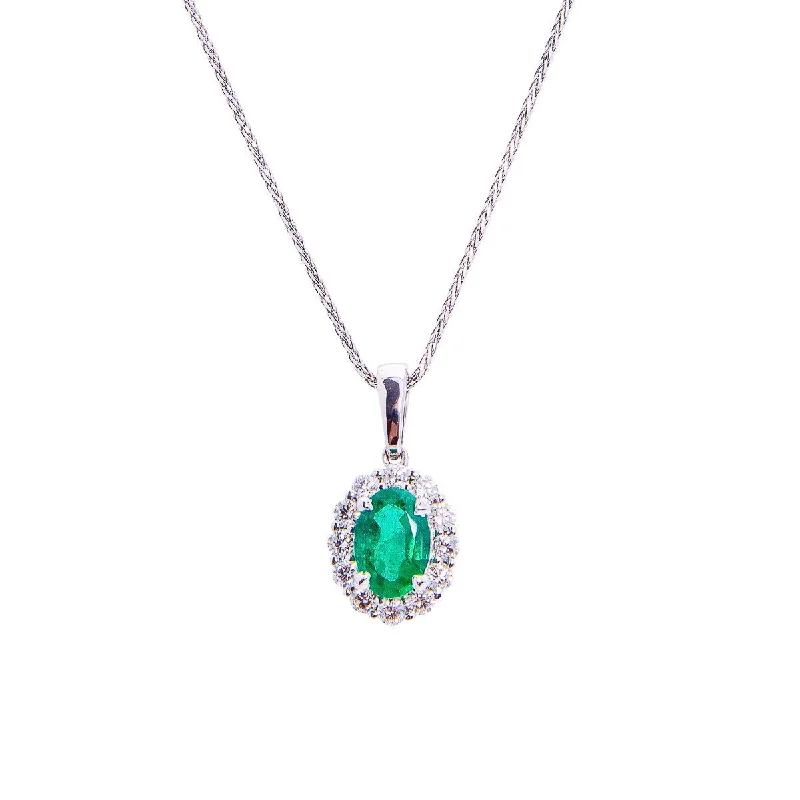 Best necklaces and pendants with turquoise stones for a vibrant boho-chic look-Sabel Collection 14K White Gold Oval Emerald and Diamond Halo Pendant