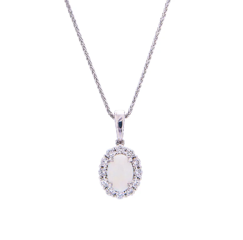 Best necklaces and pendants for weddings with matching designs for bride and groom-Sabel Collection 14K White Gold Oval Opal and Diamond Halo Pendant