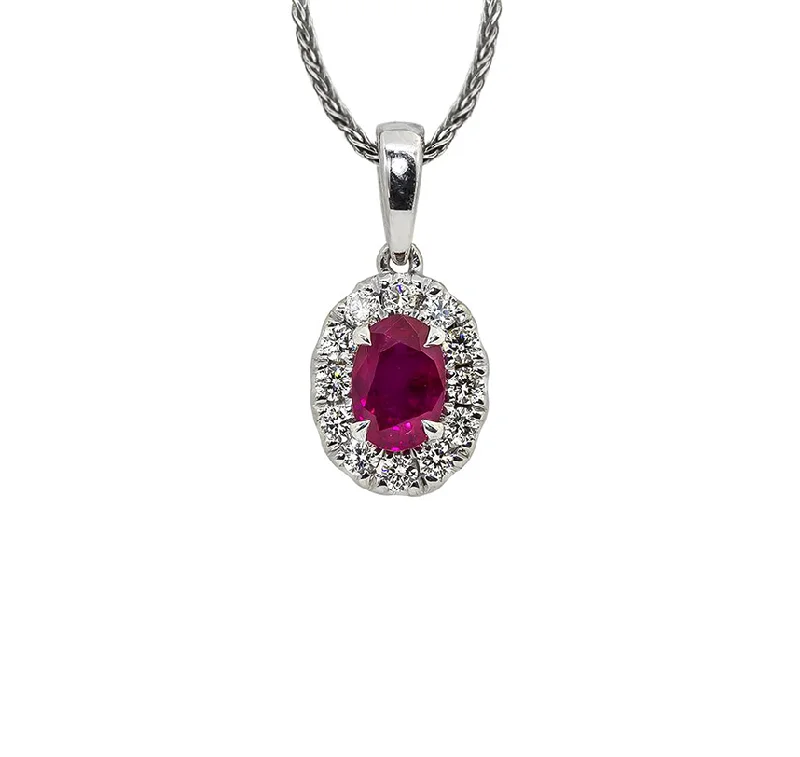 Stunning necklaces and pendants with birthstone pendants for a personal touch-Sabel Collection 14K White Gold Oval Ruby and Diamond Halo Pendant