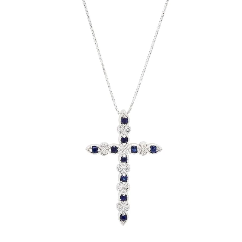 Unique necklaces and pendants with vintage-inspired designs for timeless appeal-Sapphire Cross Necklace in 14kt White Gold with Diamonds (1/10ct tw)