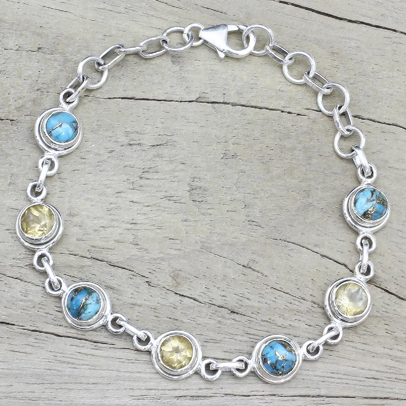 Best bangle bracelets with minimalist silver designs for a timeless, versatile look-Seashore Radiance Citrine and Composite Turquoise Link Bracelet from India