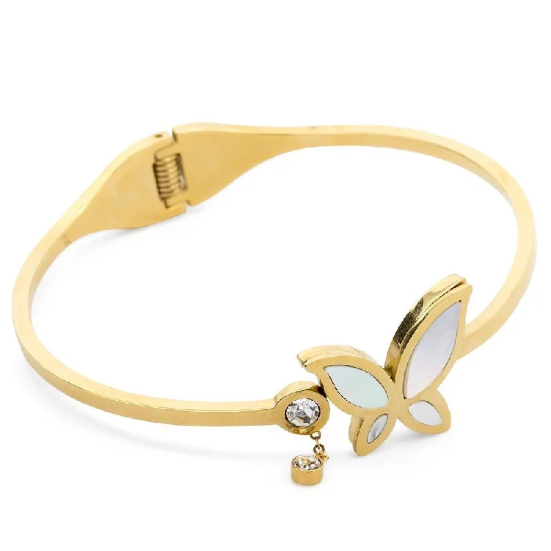 Best bangle bracelets with hand-crafted details for a unique and artisanal touch-Stainless Steel Bangle MOP Butterfly CZ Gold Plated