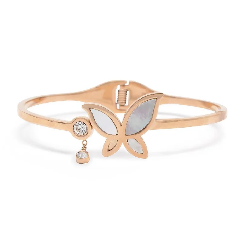 Best bangle bracelets with stacked designs for a trendy and fashionable look-Stainless Steel Bangle MOP Butterfly CZ Rose Gold Plated