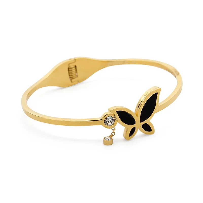 Adjustable bangle bracelets with toggle clasps for easy, secure wearing-Stainless Steel Bangle Onyx Butterfly CZ Gold Plated