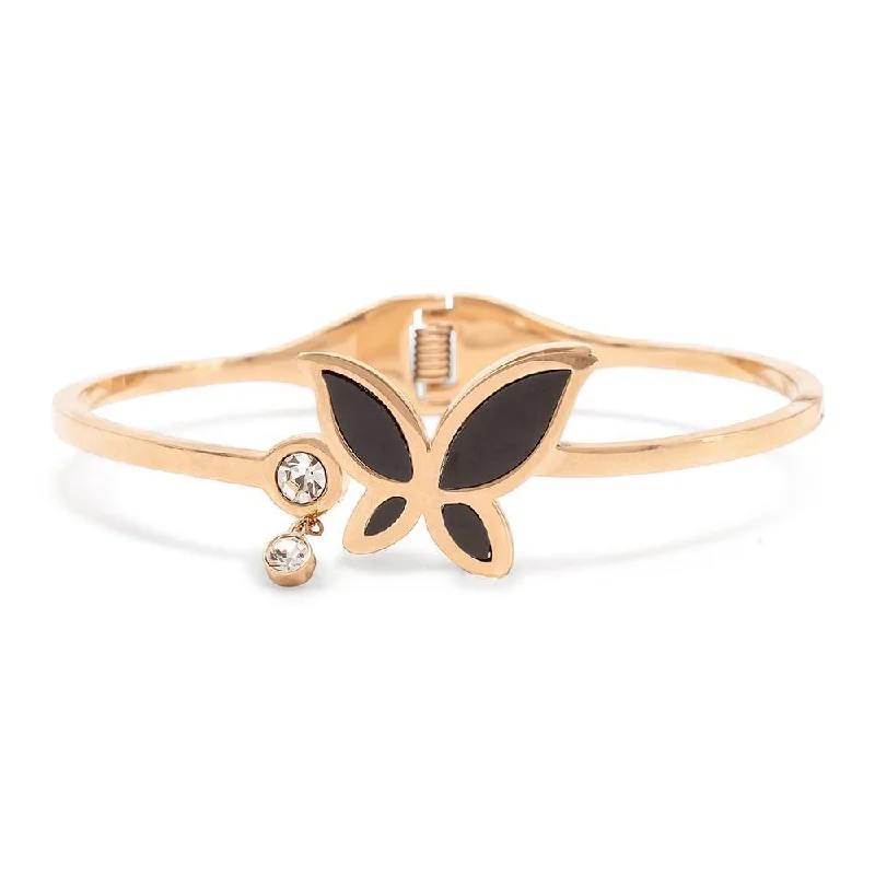 Minimalist bangle bracelets with a thin profile for a sleek and subtle appearance-Stainless Steel Bangle Onyx Butterfly CZ Rose Gold Plated