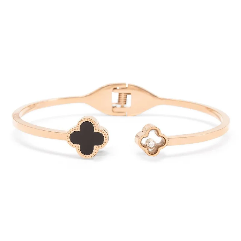 Traditional gold bangle bracelets with a smooth finish for a classic look-Stainless Steel Bangle Onyx Cross CZ Rose Gold Plated