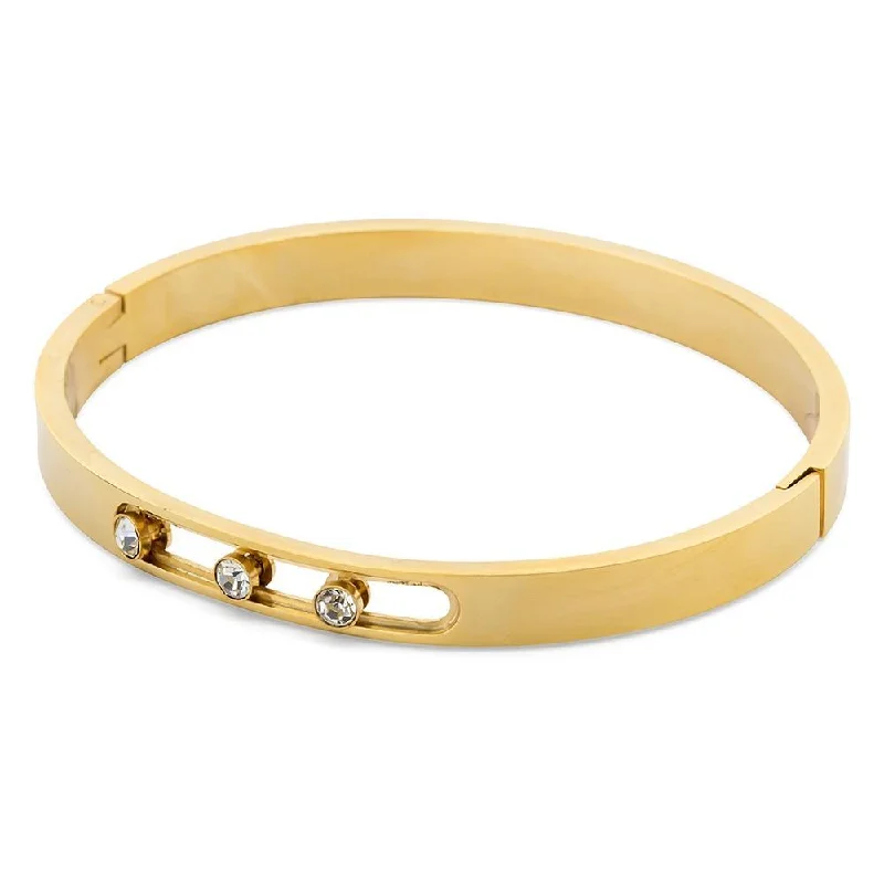 Wide bangle bracelets with animal print designs for a bold and exotic look-Stainless Steel Three Sliding Crystal Bangle Gold Plated