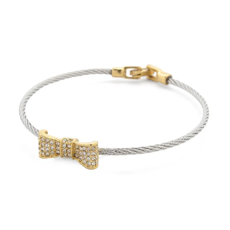 Best bangle bracelets with enamel floral patterns for a delicate and feminine touch-Stainless Steel Cable Bangle with Crystal Pave Bow Two Tone