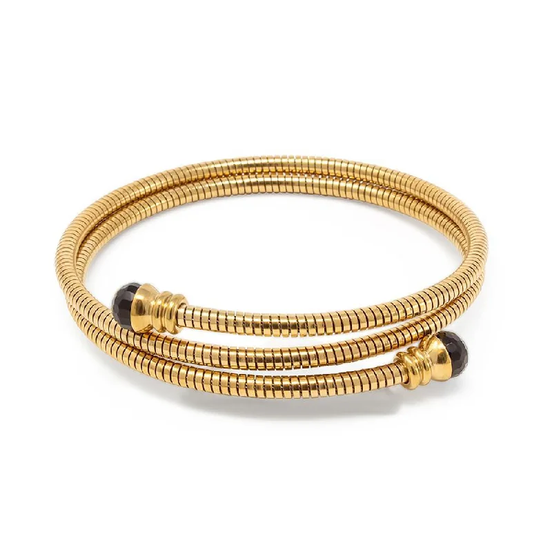 Best bangle bracelets with sapphire stones for an elegant and rich pop of color-Stainless Steel Curl Bangle Black Stone Ends Gold Plated