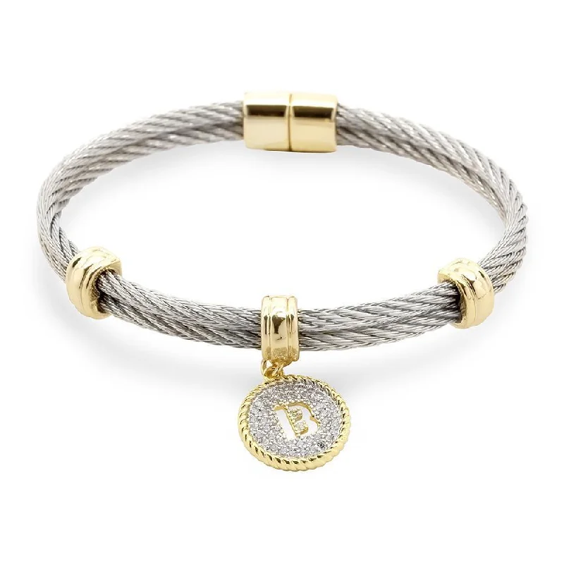 Simple gold bangle bracelets with smooth finishes for a classic and elegant style-Stainless Steel Two Tone Wire Bangle CZ -B