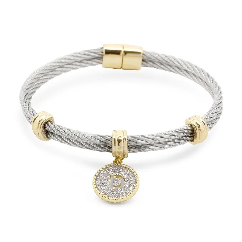 Best bangle bracelets with gold-filled material for an affordable luxury option-Stainless Steel Two Tone Wire Bangle CZ -D