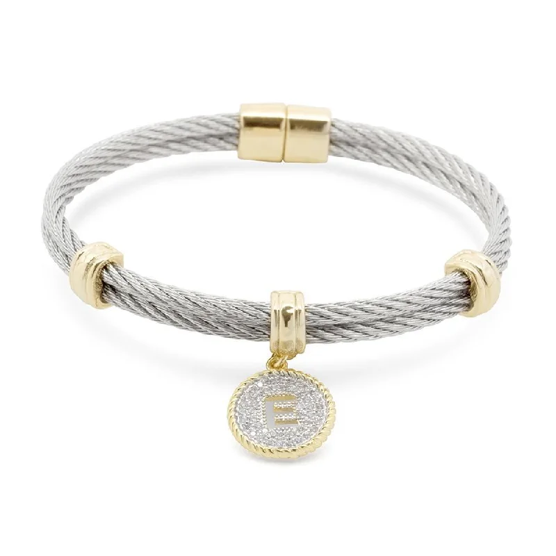 Bold bangle bracelets with textured finishes for a dynamic and modern style-Stainless Steel Two Tone Wire Bangle CZ -E