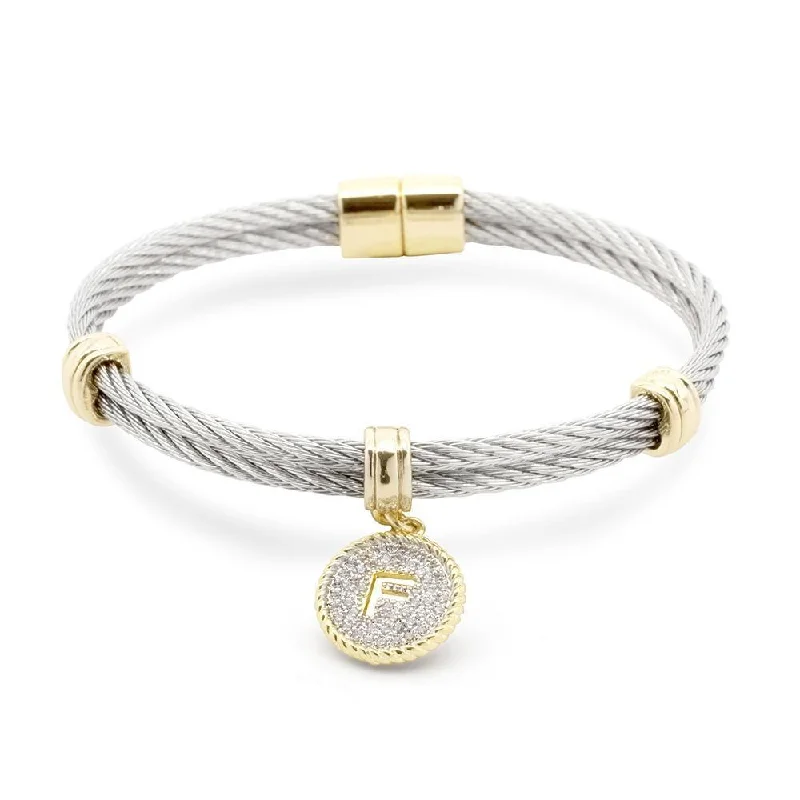 Lightweight bangle bracelets with subtle shimmer for an understated yet elegant look-Stainless Steel Two Tone Wire Bangle CZ -F