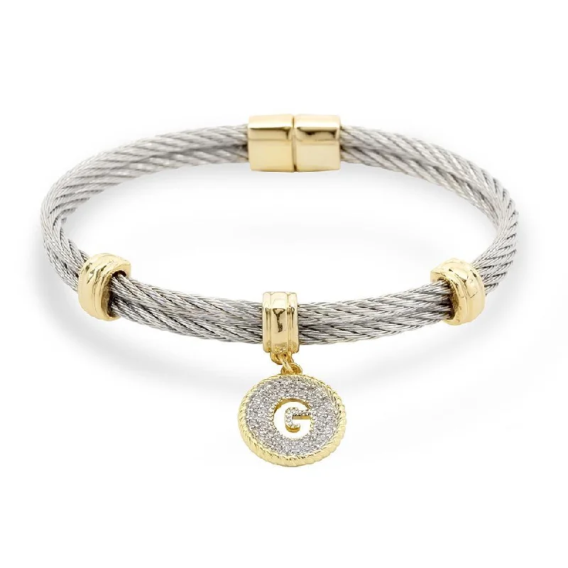 Stacked bangle bracelets with alternating textures for a dynamic, trendy look-Stainless Steel Two Tone Wire Bangle CZ -G