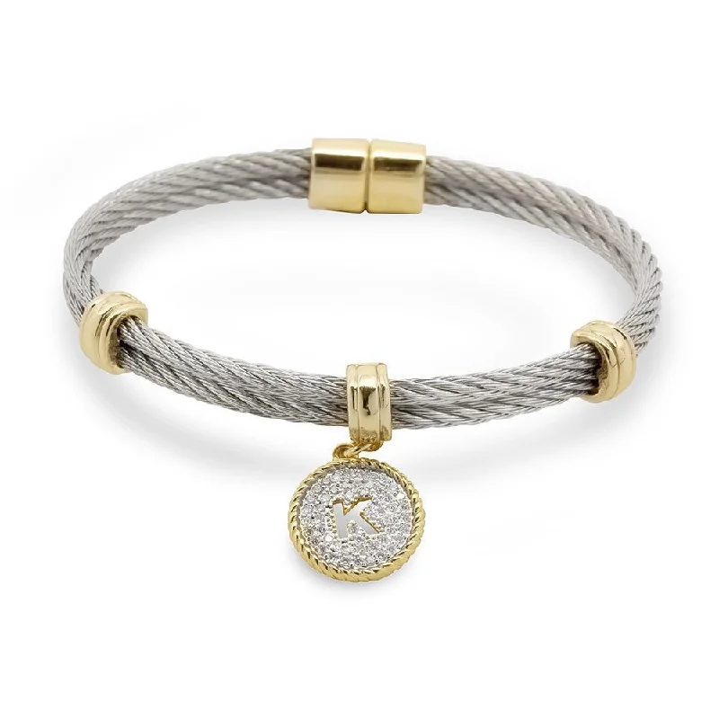 Simple bangle bracelets with open designs for a trendy and minimalist style-Stainless Steel Two Tone Wire Bangle CZ -K