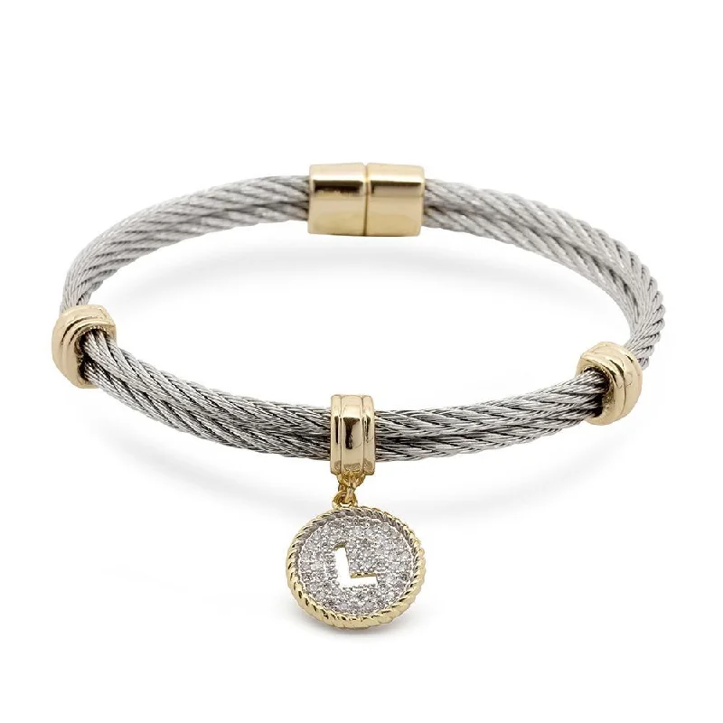 Best bangle bracelets with pastel enamel for a soft and delicate aesthetic-Stainless Steel Two Tone Wire Bangle CZ -L