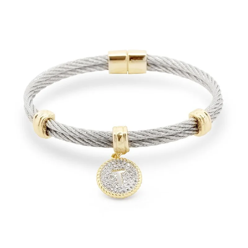 Oversized bangle bracelets with unique textures for a statement-making accessory-Stainless Steel Two Tone Wire Bangle CZ -T