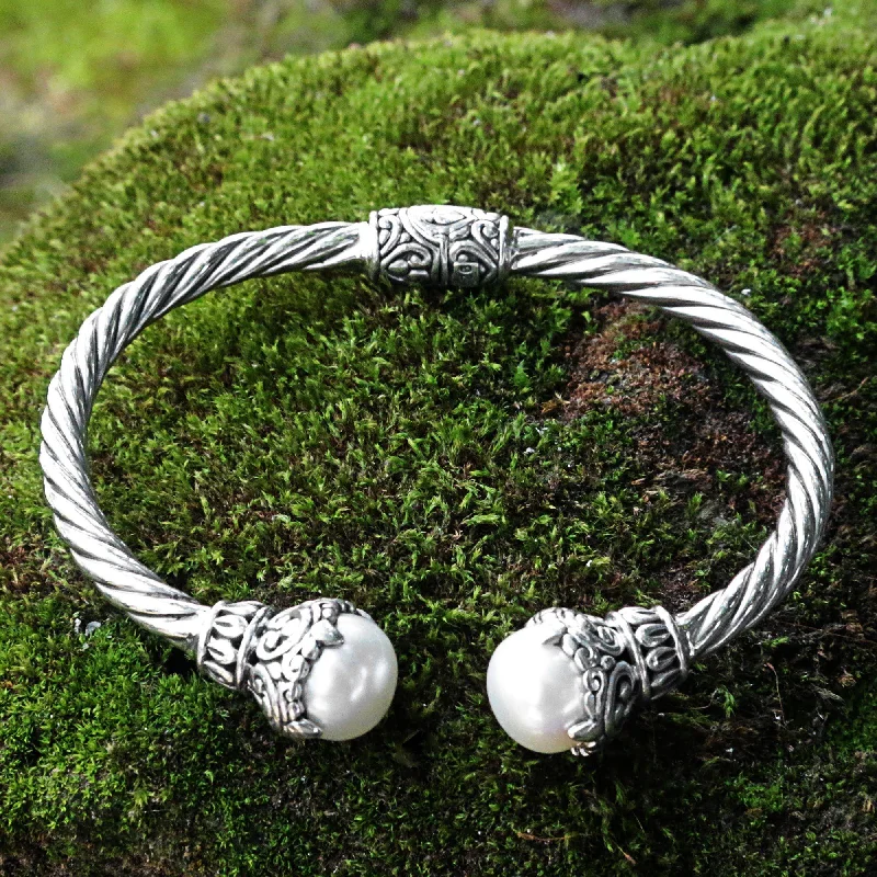 Best bangle bracelets with crystal inlays for a sparkling, glamorous appearance-Sterling Silver Rope & Pearl Cuff Bracelet